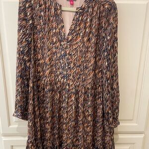 Vince Camuto Metallic Print Long Sleeve Dress - Blue and Brown
